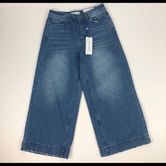 POPSUGAR Womens Crop Blue Jeans Size 2 Distressed Vintage Wash Wide Flare Leg - Picture 1 of 13